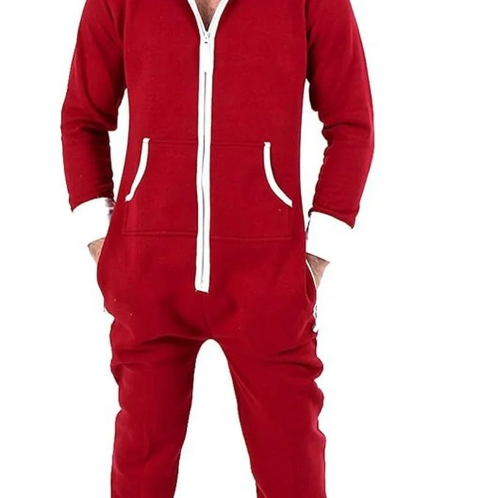 Cozy‎ Red Hooded Jumpsuit White Trim Holiday Onesie with Hood Men’s or women’s